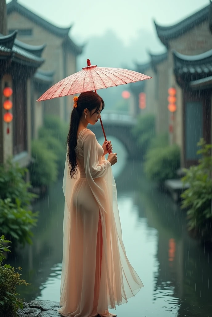 Oriental woman, full body, in the rain, holding an umbrella, Jiangnan water town, by the bridge, wearing a thin gauze dress, ethereal, high definition.