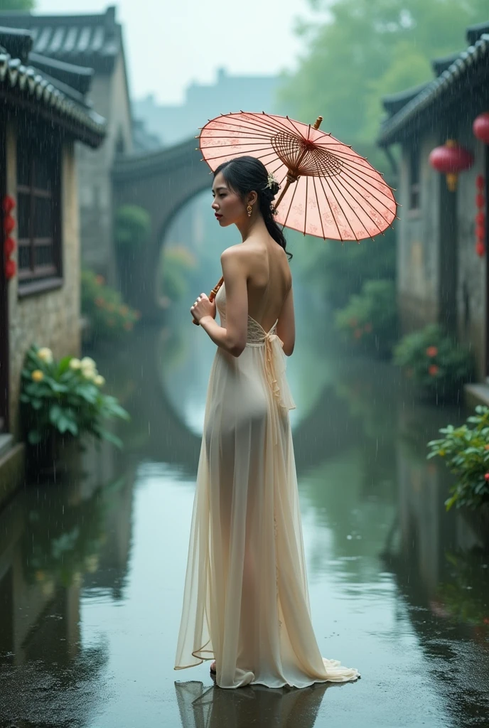 Oriental woman, full body, in the rain, holding an umbrella, Jiangnan water town, by the bridge, wearing a thin gauze dress, ethereal, high definition.