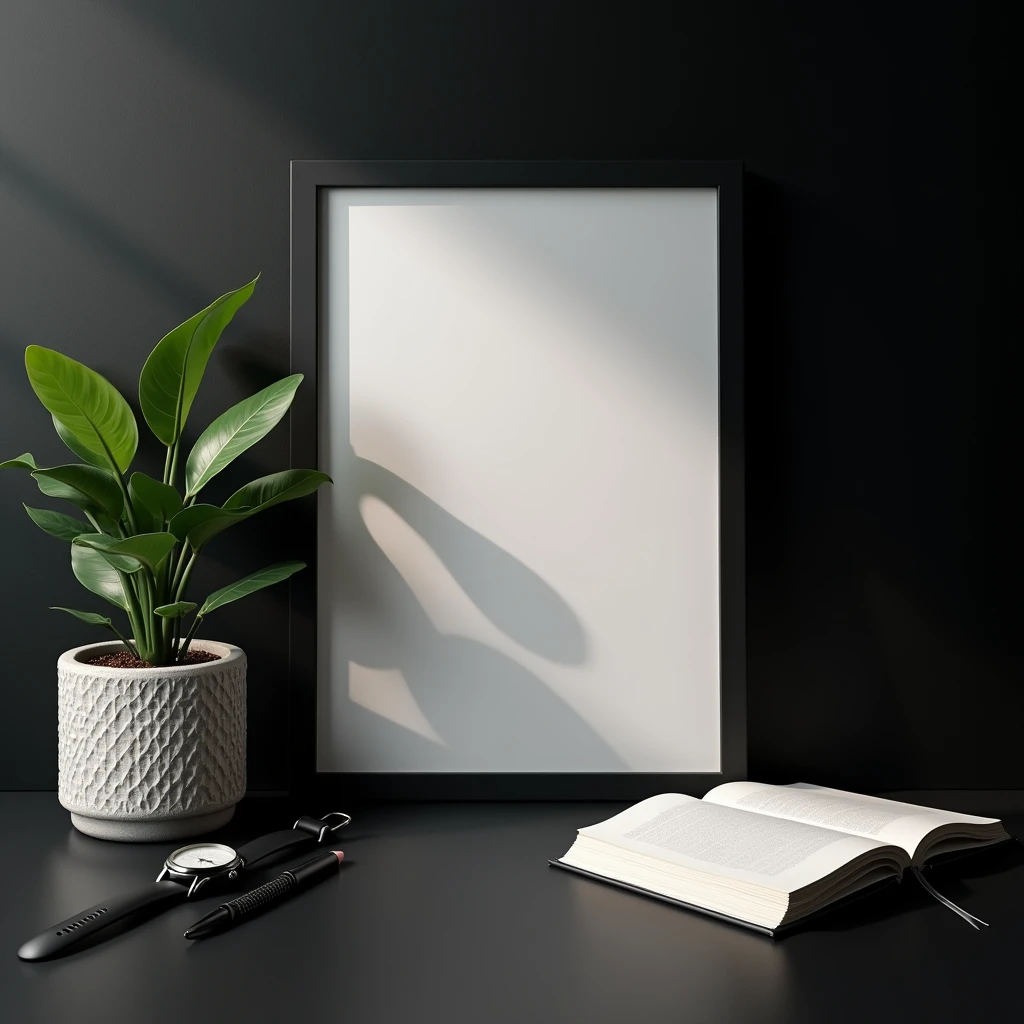 A4-sized black frame with a blank canvas, displayed in a modern interior with dark, sophisticated decor. The frame is placed against a matte black wall, accompanied by minimalist decorations, including a small plant in a textured pot, a wristwatch, and a sleek notebook, creating an elegant and refined atmosphere