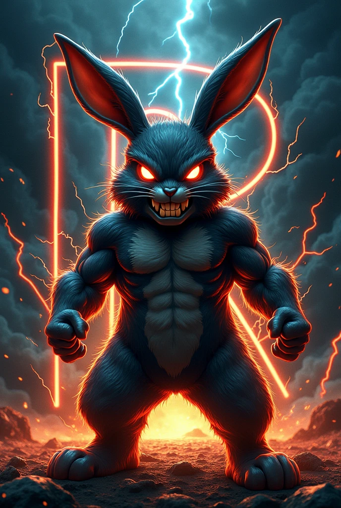 a logo, a gangster rabbit doing a "R-shape", in the thunderstorm, royal theme background, angry mode, with breathing fire, dark colored, best picture quality, highly detailed, ultra resolution