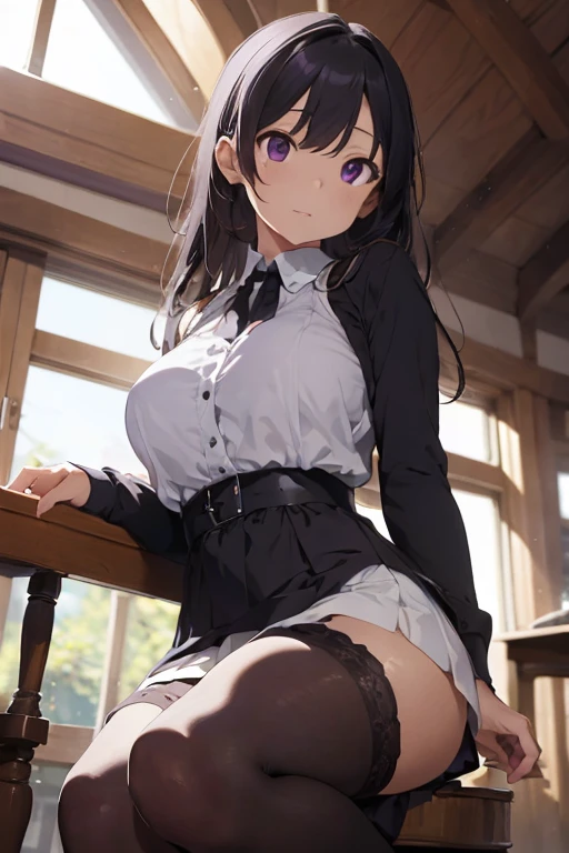 (Best Quality)), ((masterpiece)), (detailed), 1 girl, with short white skirt, purple panties with black, black stockings, blouse with neckline, sitting,big breasts, tanned skin,((Whole body)),((view from below))