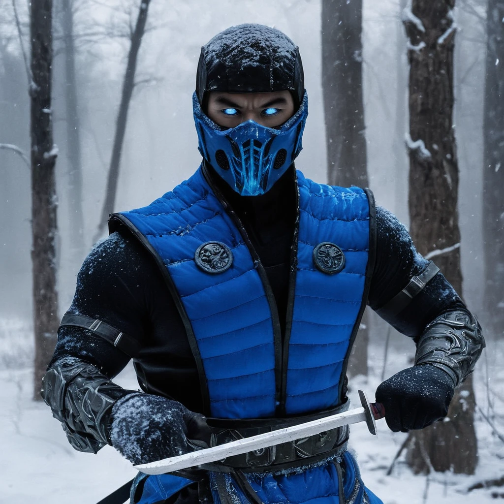 Horror-themed,  Sub-Zero
Mortal Kombat style, fictional universe consisting of numerous realms, Sub-Zero,Kuai Liang,Tundra,blue outfit,LK-520,a man in a blue outfit holding a knife,solo,blue eyes,1boy,weapon,male focus,outdoors,armor,tree,mask,glowing,helmet,nature,glowing eyes,snow,forest , Live-action, white sclera eyes, muscular, fitness, fighters, Action-adventure, brutal and gruesome, Mortal Kombat style, mk style, Eerie, unsettling, dark, spooky, suspenseful, grim, highly detailed