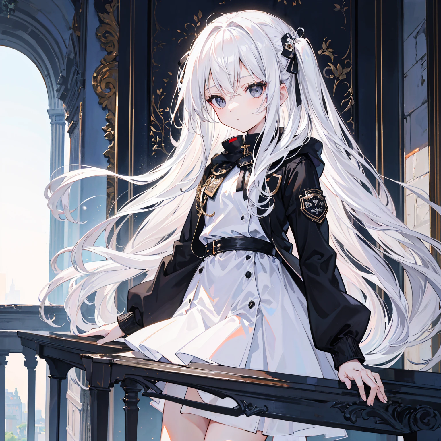 close-up, masterpiece, best quality, high details, (((a girl))), ((white long hair:1.2)), (black eyes:1.3), closed mouth, expressionless, Anime girl wearing Black jacket, white dress, Standing on the balcony