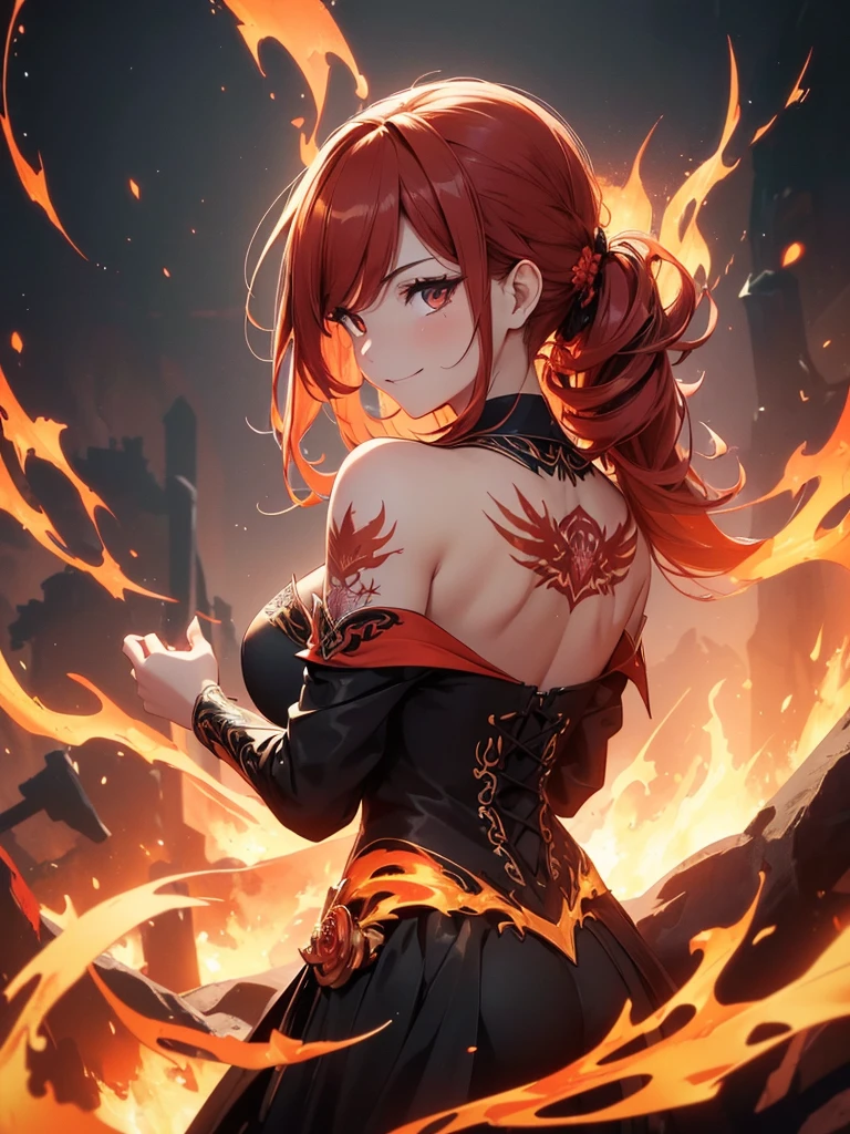 (((best quality, sharp image, clear image, cinematic lighting, 8k resolution, masterpiece, ultra detailed, intricate))) Girl casting magic, (((looking over left shoulder))), (shot from behind), ((shot from hip up)), fiery red hair, pigtails, ((intricate black dress)), ((flaming sigils, flaming runes)), spiky rock formations, (flaming lotus flowers frame), (intricate background), (chaotic background), ((Phoenix)), (swirling flames), smiling,tatoo on back