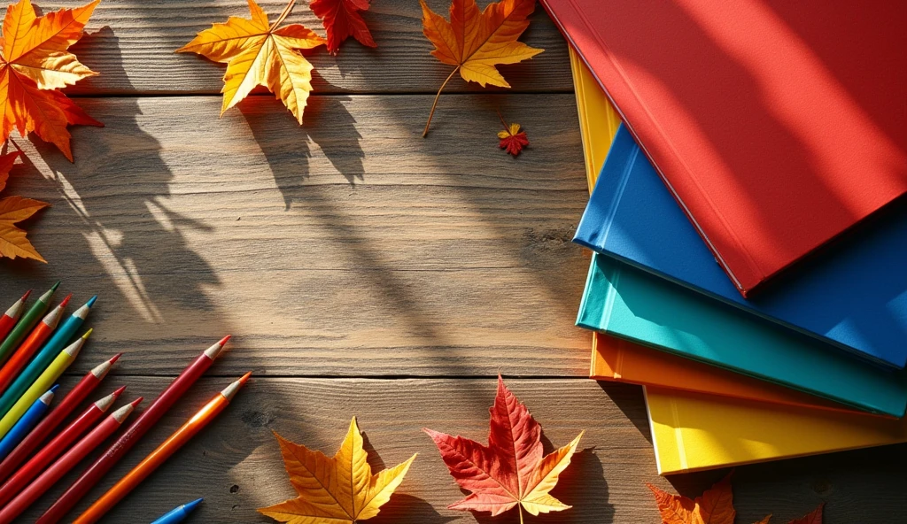 Top view of a wooden table filled with school supplies such as notebooks, pencils, pens, surrounded by autumn leaves symbolizing the beginning of a new school year.