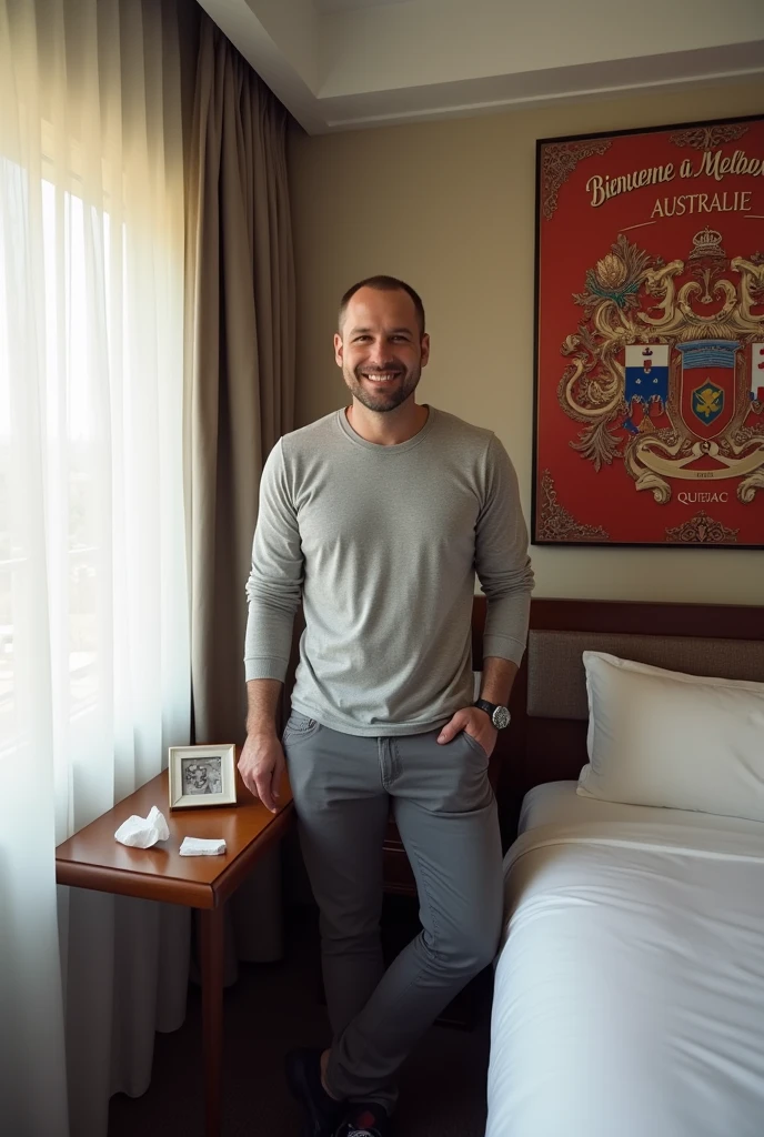 Homme caucasien grand de taille, charmant, un peu costaud, habillé en pantalon et tee-shirt manche longue, assis sur une table dans une grande chambre d'hôtel et sur la table sur laquelle est assis ou adossé le charmant homme il faut qu'il y ait un papier mouchoir déjà utilisé sur la table et sur le lit de l'hôtel qu'il soit déposer un cadre photo grand ou moyen qu'il est possible de faire arrêter sur le lit et faire face à la caméra et sur le mur du chevet du lit un tableau sur lequel il est écrit en français : Bienvenue à Melbourne AUSTRALIE et autour de la phrase qu'il y ait les emblèmes du Canada Québec ou le drapeau du Canada Québec