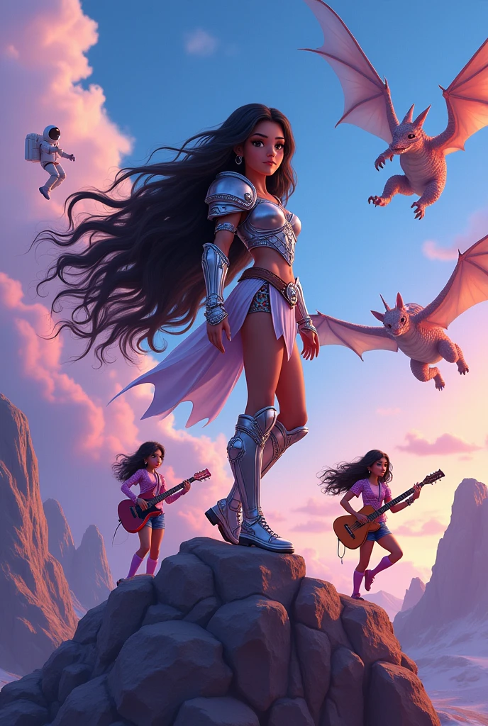 I want a brunette girl (latina) with very long wavy hair wearing armor and sword standing on a rock in a happy or empowered manner surrounded by dragons and astronauts, con escenarios de video game, dance and friends. It&#39;s to make a painting to be seen in my stream, with lilac and blue tones, My channel is called "Bloom Haddock" I would like it to be between realistic and illustrated, like Pixar., I want other brunette girls around her with different urban dance outfits, video game, guitar and photography, The atmosphere between Luila and Azul can be much darker, The girl should be more tanned and there's a missing girl who dances urban dance., Put more clothes on them and be careful with the expression on their face.
