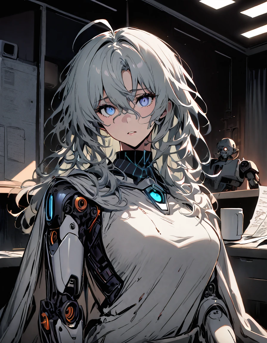 mature, bluish eyes, looking at viewer, female, hospital room background, messy hair, silver shoulder-length hair, parted lips, hair between eyes, ahoge, background in low light, dark, night, emotionless, damaged eye, exposed eye socket, robot, white cloak, white shirt, 3 robotic arms coming from her back on each side, robotic eye, holding a coffee mug, sitting down, desk, papers
