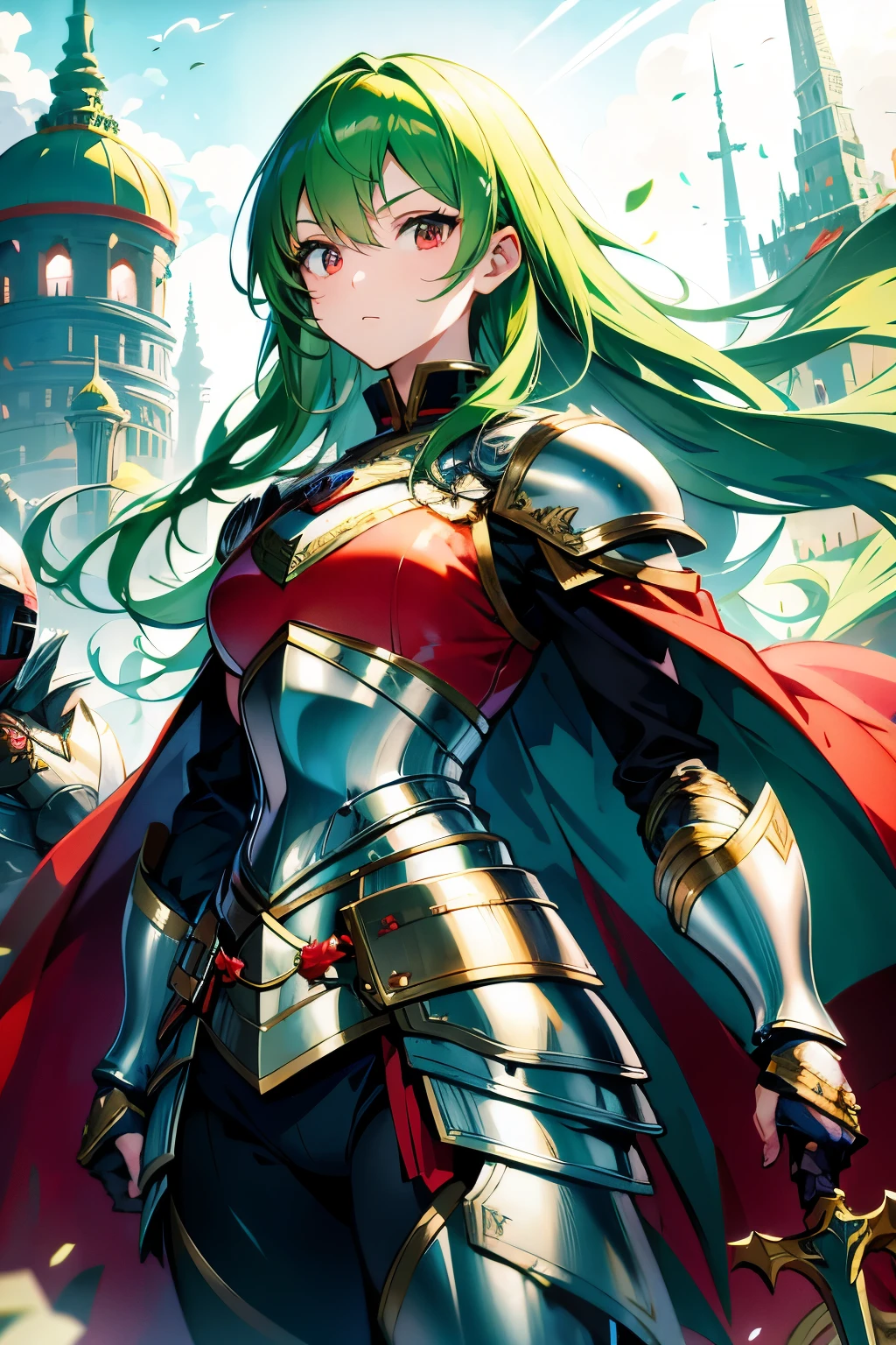anime style, 37 year old woman, strong, long green hair, small bars on her head, wearing heavy armor, silver armor with small details in red, silver armor, red cape, red eyes, greaves and plates covering the body, holding a spear.