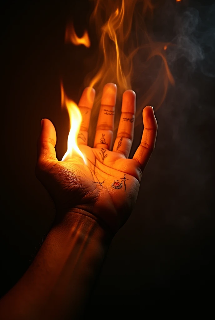 Create fire from hand, super power, light from fire, in the dark room, close-up hand
