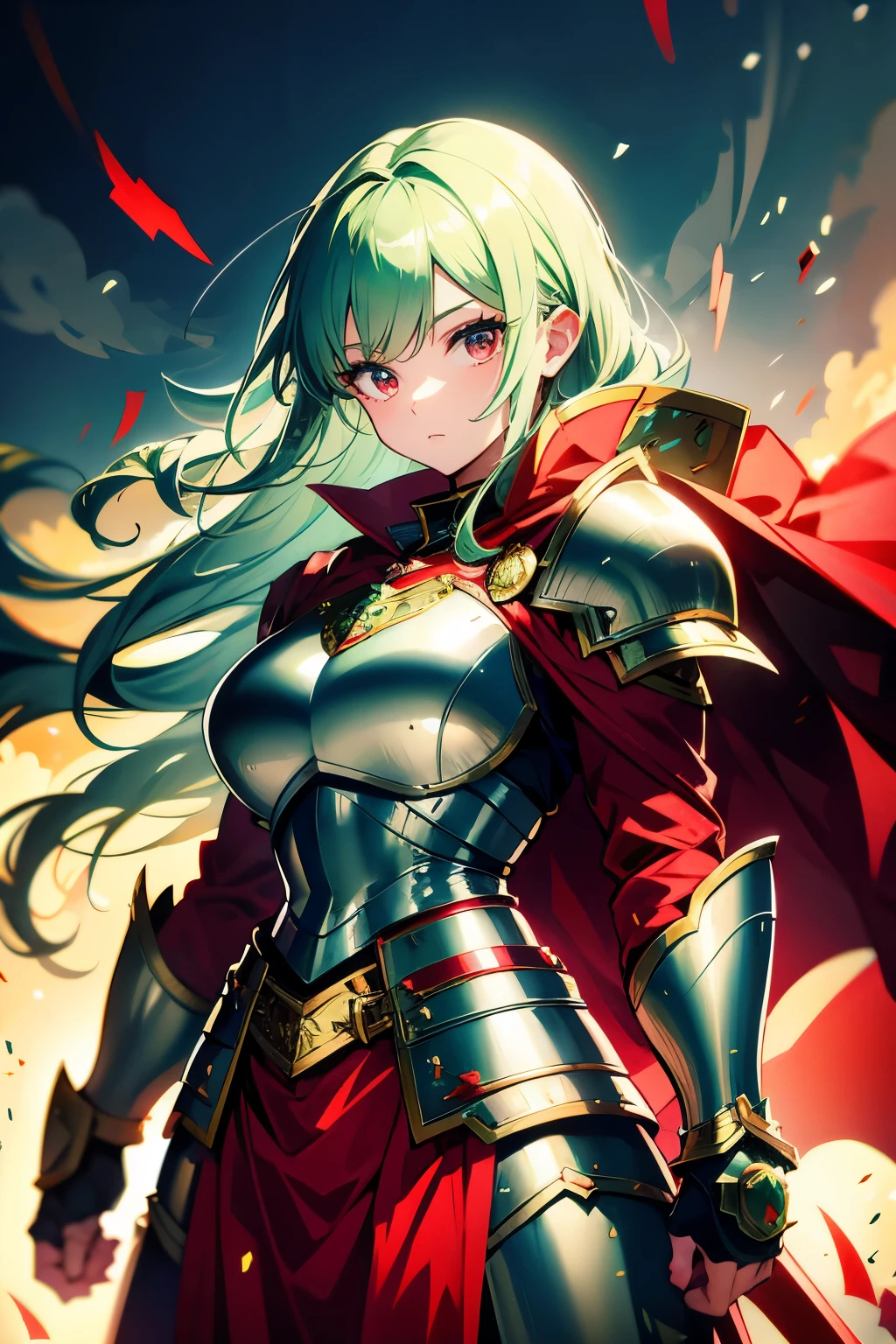 anime style, 37 year old woman, strong, long green hair, small bars on her head, wearing heavy armor, silver armor with small details in red, silver armor, red cape, red eyes, greaves and plates covering the body, holding a spear.