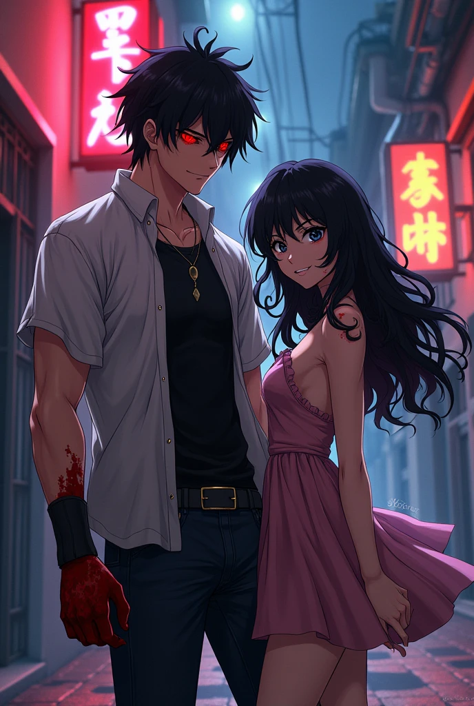 A red-eyed fighter, with hands stained with blood , with a smile, アニメ, Bblack hair. Com uma garota de Bblack hair cacheado, black eyes and short dress by your side