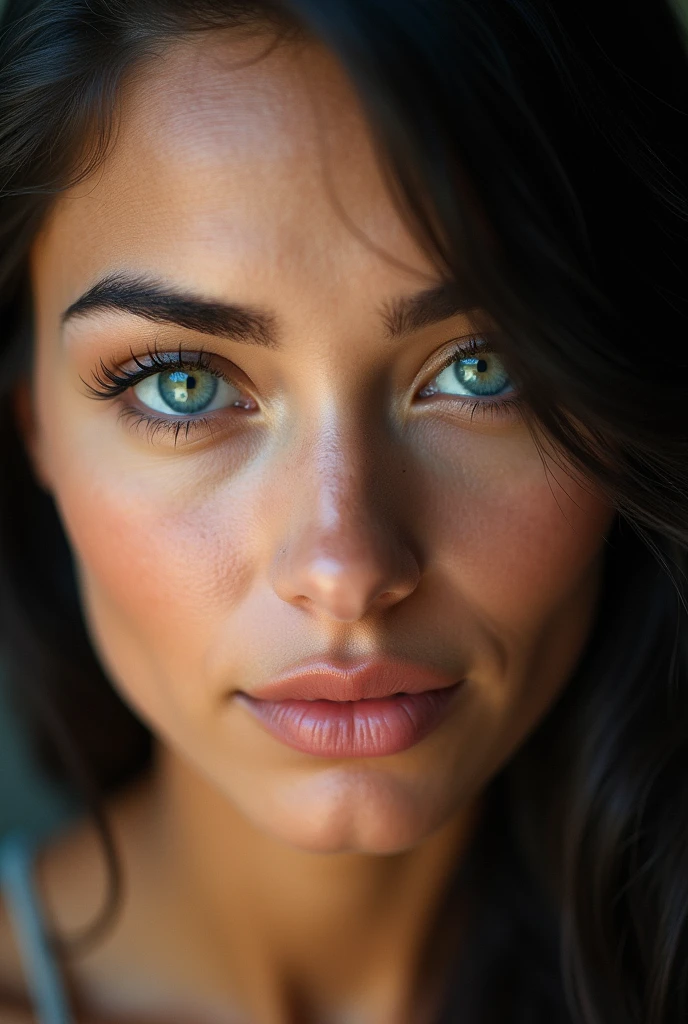 Imagine a woman with a face that exudes a striking and captivating beauty. Her eyes are a vivid, enchanting blue, like emeralds glistening in the sunlight, with a depth that draws you in. They are framed by long, dark lashes that accentuate their brilliance. Her skin is  sun tan, , almost delicate appearance.

Her hair is a rich, black, side-swept look that catch the light and seem to shimmer with every movement. The black tones contrast beautifully with her fair skin and make her blue eyes stand out even more. Her eyebrows are perfectly arched, matching the hue of her hair, and add a sense of balance and symmetry to her face.

Her lips are full and naturally rosy, curving into a gentle, inviting smile that radiates warmth and kindness. Her cheekbones are high and well-defined, adding a sense of structure and elegance to her face. The overall effect is one of stunning, timeless beauty, a face that you would remember and admire long after seeing it.r, 