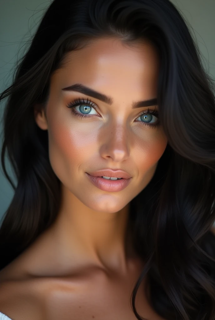 Imagine a woman with a face that exudes a striking and captivating beauty. Her eyes are a vivid, enchanting blue, like emeralds glistening in the sunlight, with a depth that draws you in. They are framed by long, dark lashes that accentuate their brilliance. Her skin is sun tan, , almost delicate appearance.
Her hair is a rich, black, side-swept look that catch the light and seem to shimmer with every movement. The black tones contrast beautifully with her fair skin and make her blue eyes stand out even more. Her eyebrows are perfectly arched, matching the hue of her hair, and add a sense of balance and symmetry to her face.
Her lips are full and naturally rosy, curving into a gentle, inviting smile that radiates warmth and kindness. Her cheekbones are high and well-defined, adding a sense of structure and elegance to her face. The overall effect is one of stunning, timeless beauty, a face that you would remember and admire long after seeing it.r,