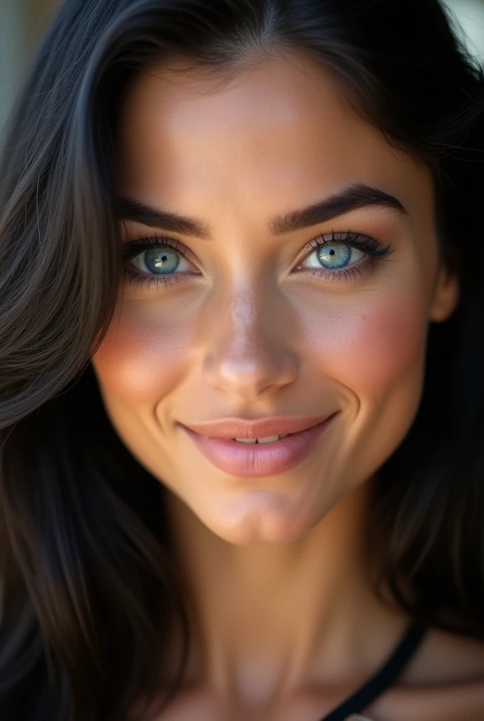 Imagine a woman with a face that exudes a striking and captivating beauty. Her eyes are a vivid, enchanting blue, like emeralds glistening in the sunlight, with a depth that draws you in. They are framed by long, dark lashes that accentuate their brilliance. Her skin is sun tan, , almost delicate appearance.
Her hair is a rich, black, side-swept look that catch the light and seem to shimmer with every movement. The black tones contrast beautifully with her fair skin and make her blue eyes stand out even more. Her eyebrows are perfectly arched, matching the hue of her hair, and add a sense of balance and symmetry to her face.
Her lips are full and naturally rosy, curving into a gentle, inviting smile that radiates warmth and kindness. Her cheekbones are high and well-defined, adding a sense of structure and elegance to her face. The overall effect is one of stunning, timeless beauty, a face that you would remember and admire long after seeing it.r,