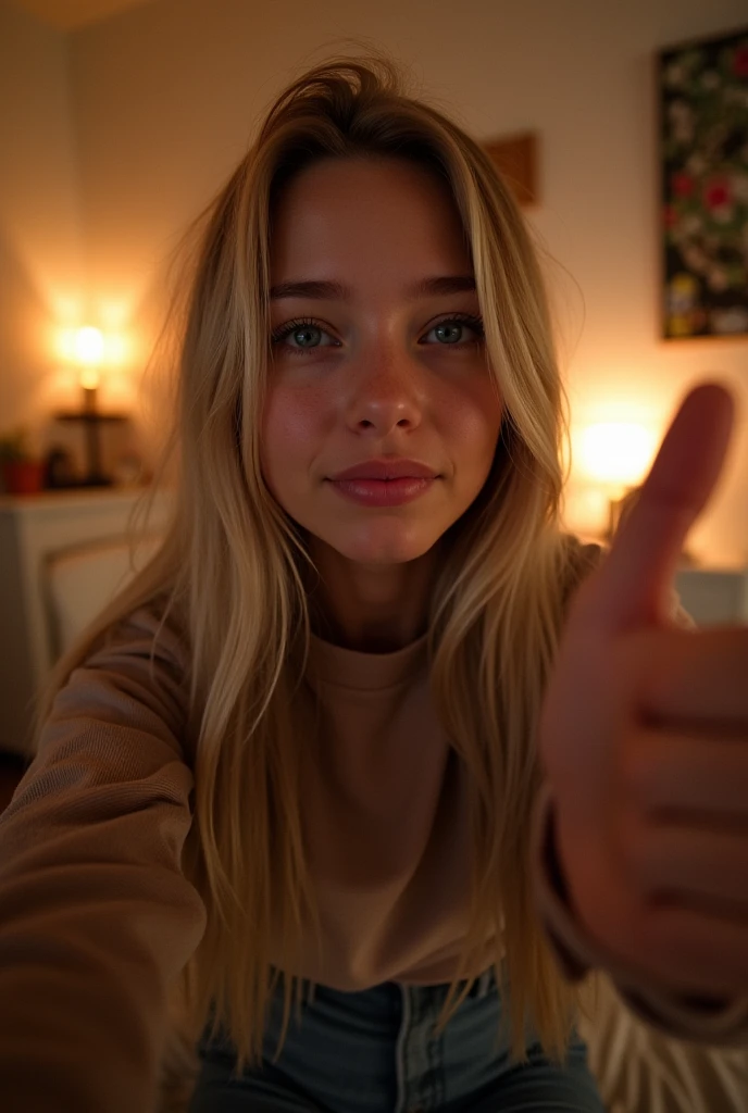 create  girl, nordic, super Straight hair average looking blonde, blue eyes, looking directly into camera, upper body selfie, wearing casual clothes, side view, at home, night Making a like