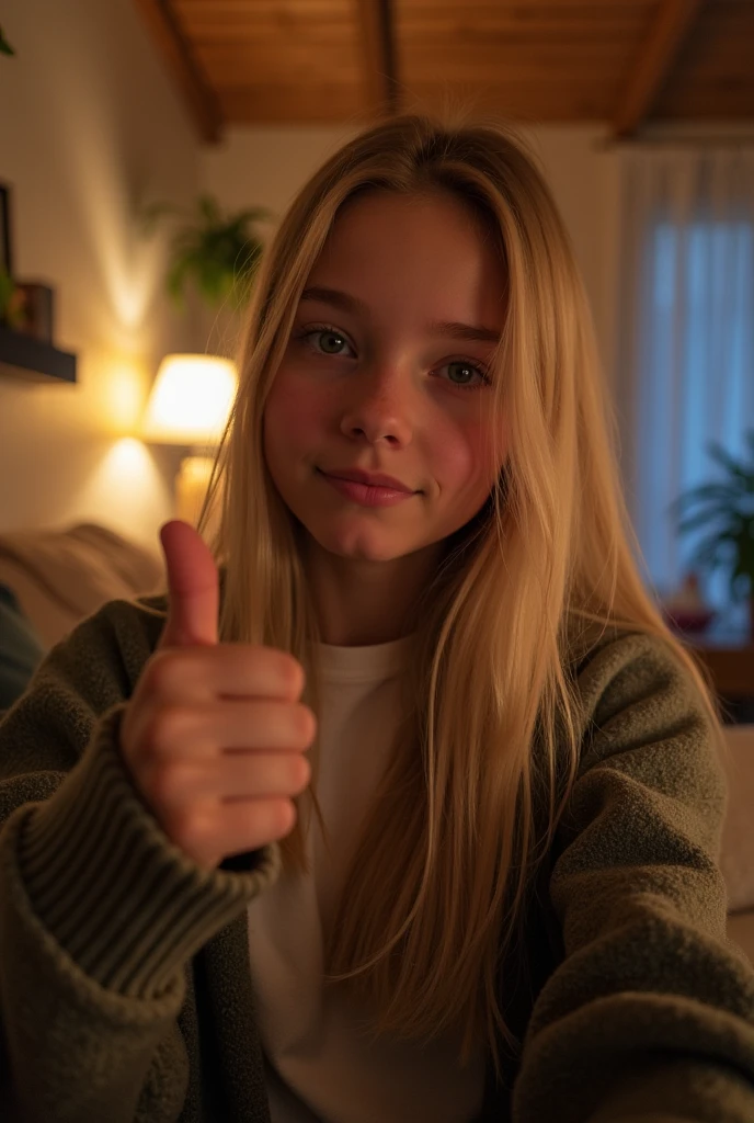 create 15 year old girl, nordic, super Straight hair average looking blonde, blue eyes, looking directly into camera, upper body selfie, wearing casual clothes, side view, at home, night Making a like