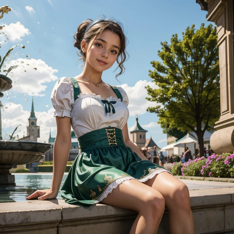 (​masterpiece, best quality:1.5), highest quality, High resolution, super detailed, Realists, Transformation Story. Magic in the air, Upper body photo of a boy transformed into a 16-year-old black-haired girl, detailed and beautiful eyes, beautiful detailed lips, very detailed eyes and face, longeyelashes, A 16-year-old girl in a beautiful short shiny satin Dirndl, Details in the dress fabric, Beautiful and colorful makeup, elegant and noble々Pose, hairband, ponytail hairstyle, Munich as a backdrop, bright daylight, bright colors, fine brushstrokes, Portrait style, beautiful color palette, glowing skin, First-class rendering, that captures every detail, enchanting atmosphere, (perfect anatomy:1.2), (The stunning girl is wearing a beautiful short silver Dirndl. smiling in love and full of joy for the festival, nice legs. She sits on the fountain and presents, happy. A boy throws a coin into the fountain and wishes to be a girl, and his wish comes true. He transforms into a young girl in a beautiful Dirndl and is happy with flushed cheeks when he sees his friend. She looks incredulously at her skirt and is happy   (magnificent panorama view:1.2)