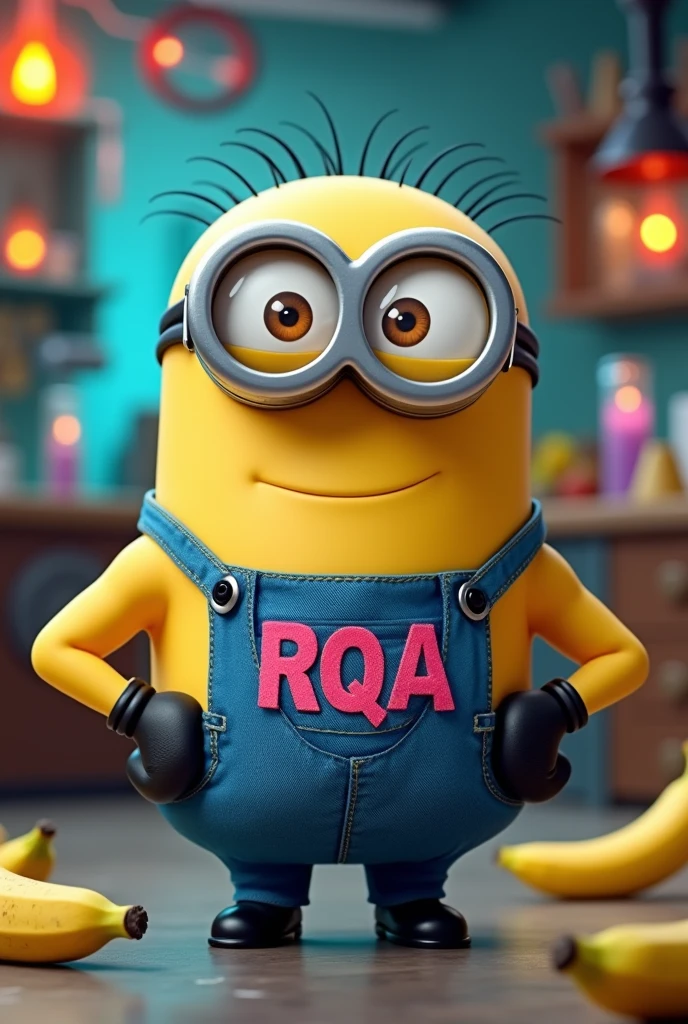 Buff minion with a shirt that says RQA