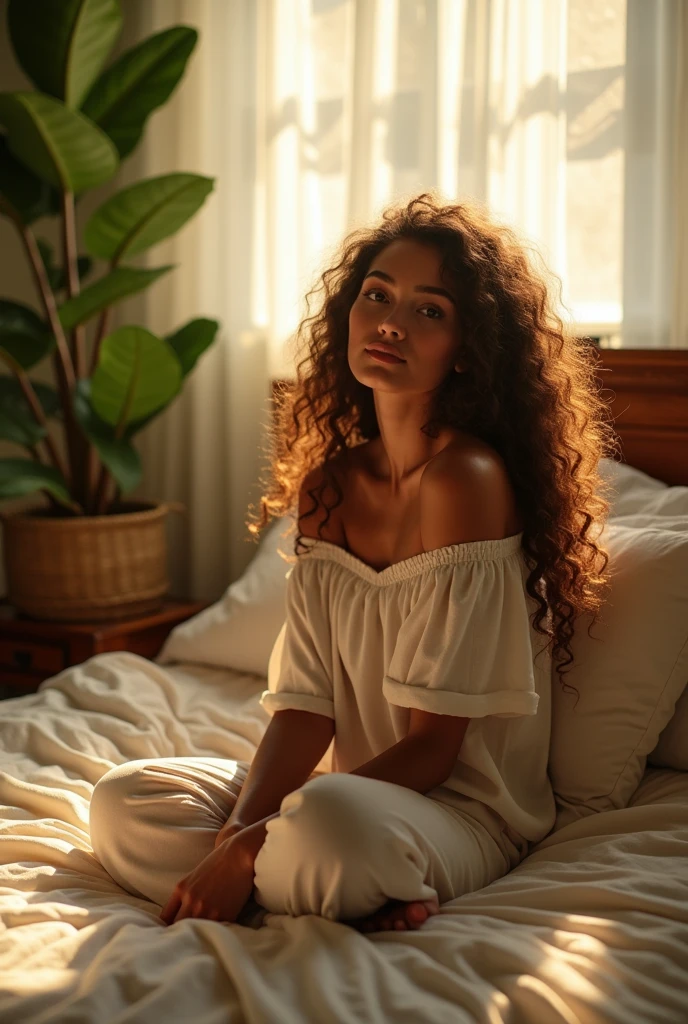 (photorealism:1.2), beautiful woman, sitting on bed, wearing loose off-shoulder top, pajama pants, long curly hair, indoors, soft lighting, plants in background, window with sunlight, cozy room, relaxed pose, realistic, intricate details, warm colors, by Greg Rutkowski, by Alphonse Mucha