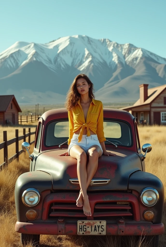 Cinematic, realistic, UHD, a stunning mid-range photograph by Steven Klein of a 40's woman with medium sized round sagging breasts. wearing a yellow flannel shirt and white denim mini shorts perched on top of an old worn out matte black and red pickup truck. The tall wild grass and her bare feet. The rustic fence and four farm houses in the background with a snow covered mountain range seen in the distance adding depth and scale to the scene. The overall atmosphere of the photo is natural and serene, capturing the essence of a perfect summer day in Las Vegas, Nevada.