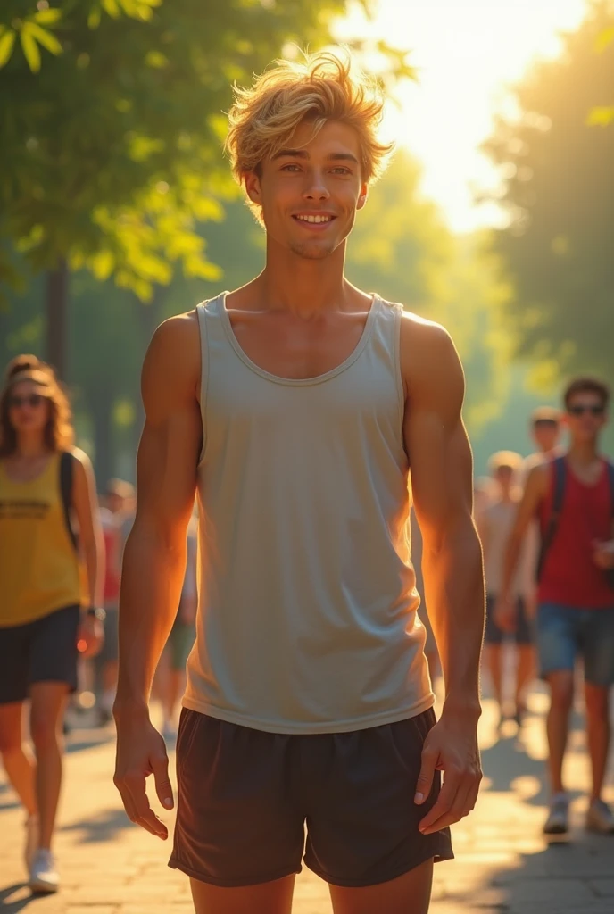18-year-old adolescent Appearance: high (1.85 m) and very muscular, with an athletic build thanks to his love of sports. He has short, messy blond hair, and warm brown eyes. His face is square with a friendly smile that reflects his sociable nature. power Emotional Manipulation - Felix can influence people's emotions, calm them down or intensify them. His ability is useful for calming tensions and defusing conflicts, as well as to detect emotional manipulation.
