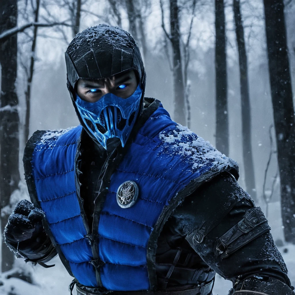 Horror-themed,  Sub-Zero
Mortal Kombat style, fictional universe consisting of numerous realms, Sub-Zero,Kuai Liang,Tundra,blue outfit,LK-520,a man in a blue outfit holding a knife,solo,blue eyes,1boy,weapon,male focus,outdoors,armor,tree,mask,glowing,helmet,nature,glowing eyes,snow,forest , Live-action, white sclera eyes, muscular, fitness, fighters, Action-adventure, brutal and gruesome, Mortal Kombat style, mk style, Eerie, unsettling, dark, spooky, suspenseful, grim, highly detailed