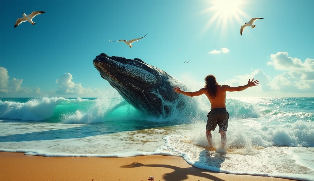 A picture of a whale throwing a man with a long beard and slightly long hair onto a sandy beach in the sunlight, with a feeling of peace and victory. 