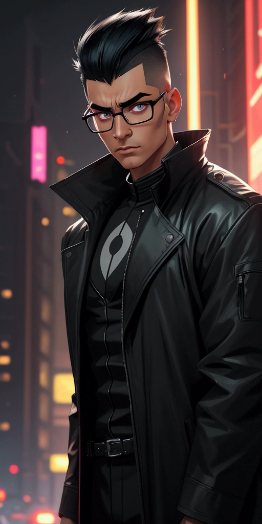 (appearance) a young man of South Asian race, with black hair, slightly narrow green eyes eyes, (suite) dressed in thick black old raincoat, opaque glasses of the future with luminous lenses, rimless bottom, (hairstyle) almost completely shaved head, shaved temples, In the middle is a mohawk, narrow and short mohawk, narrow mohawk with cutouts, (effects) 8k quality, sharp focus,fine details, HDR, realism, realistic, key visual, film still, cinematic color grading, depth of field, background cyberpank 2077, Night, neon light, (emotional) a stern face, with glowing eyes, A face in partial shade, expressive look, expressive face, sci-fi, telephoto shot, chromatic aberrations, tilt-shift effect, light leaks, expressive narrow eyebrows, narrow chin, adult face