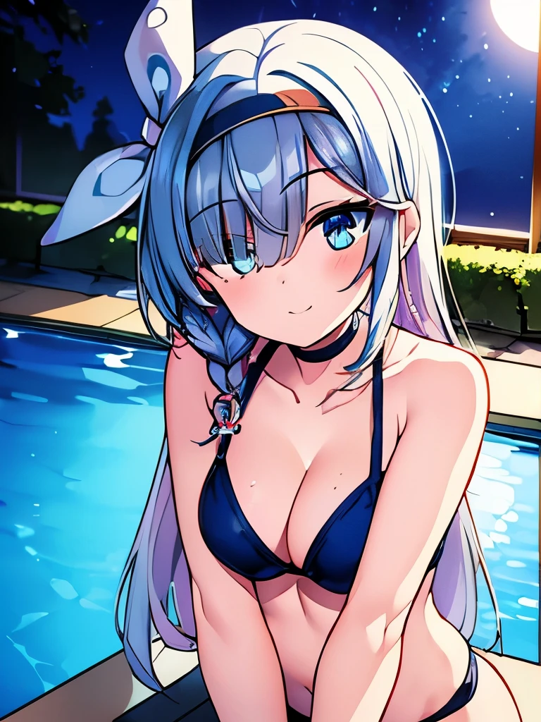 ((masterpiece)), ((best quality)), (ultra-detailed), pool, night, a cute girl, 1girl, solo, bikini, ((beautiful eyes)), smile