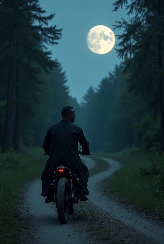 A man with short black hair, brown skin, tall and extremely handsome, wear old and black clothes, He is riding a horse, and the scene is a dirt road surrounded by a dense forest in the middle of the night. Riding in front of him is a woman with short black hair who looks back and stares at him intently.. There are no other people on this road..
