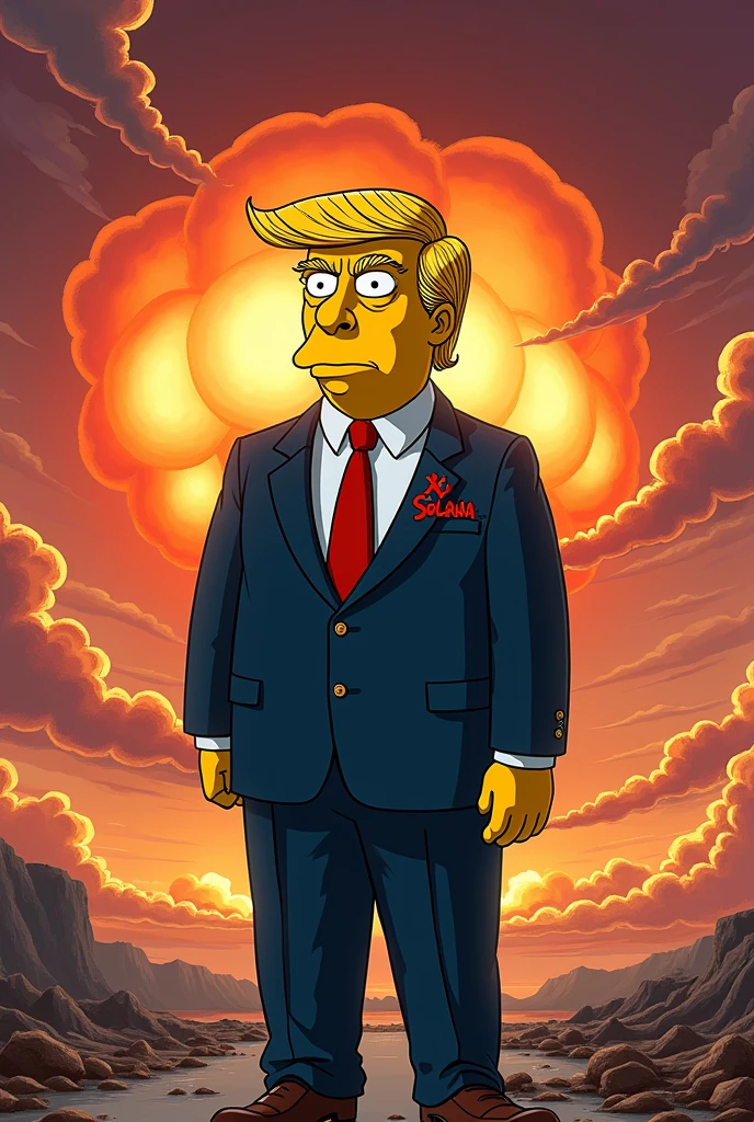  Donald Trump wearing a Xi solana logo suit against a backdrop of&#39;apocalypse with nuclear weapons, bomb, Simpsons style, epic, yellow skin, 8k  