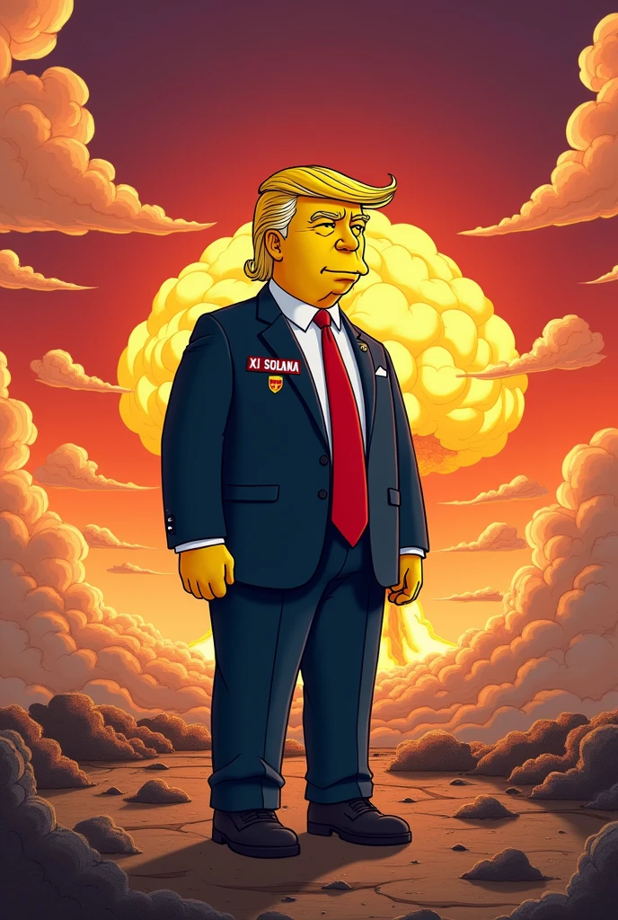 Donald Trump wearing a Xi solana logo suit against a backdrop of'apocalypse with nuclear weapons, bomb, Simpsons style, epic, yellow skin, 8k