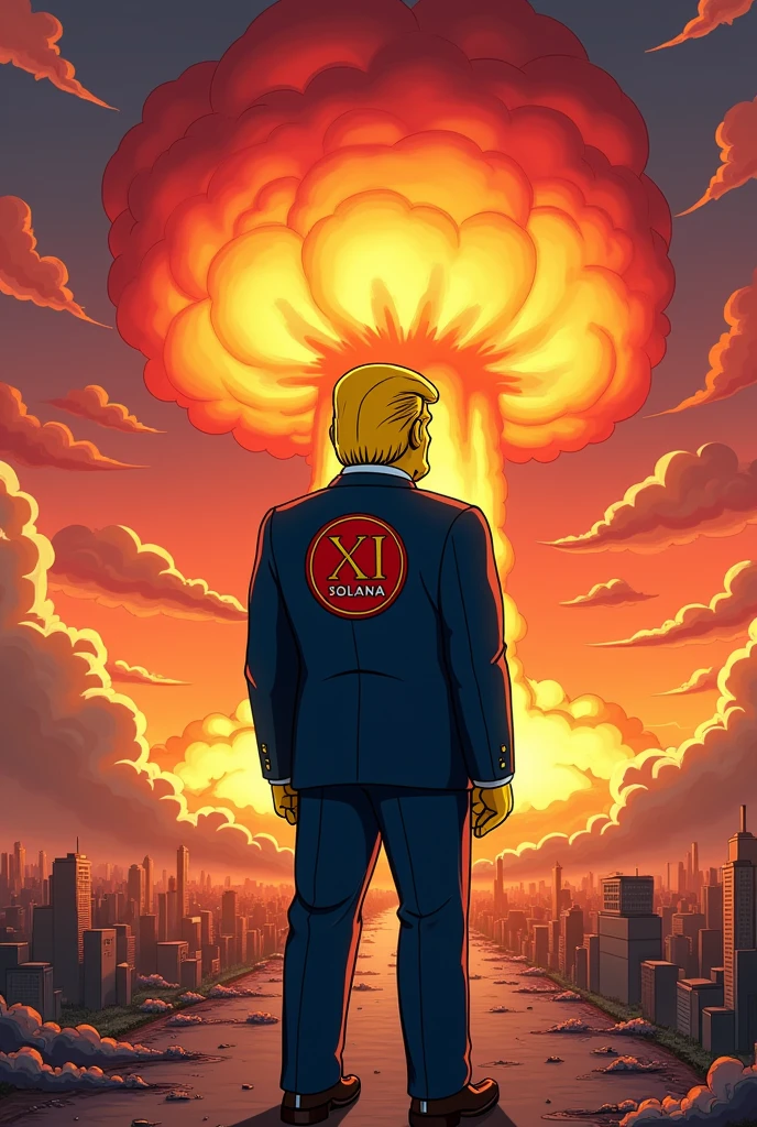 Donald Trump wearing a Xi solana logo suit against a backdrop of'apocalypse with nuclear weapons, bomb, Simpsons style, epic, yellow skin, 8k