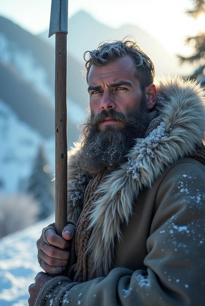 A young bearded hunter, stark, wearing winter animal fur clothes and a spear 