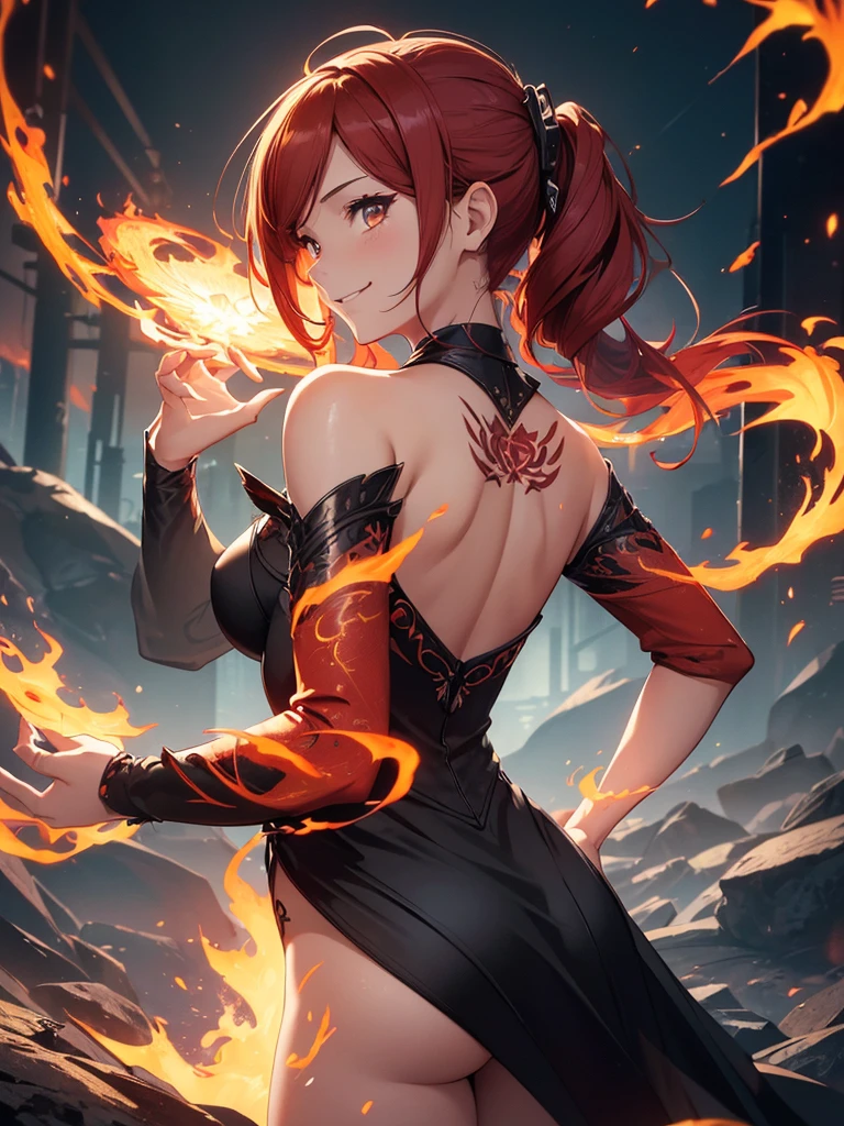 (((best quality, sharp image, clear image, cinematic lighting, 8k resolution, masterpiece, ultra detailed, intricate))) Girl casting magic, (((looking over left shoulder))), (shot from behind), ((shot from hip up)), fiery red hair, pigtails, ((intricate black dress)), ((flaming sigils, flaming runes)), spiky rock formations, (flaming lotus flowers frame), (intricate background), (chaotic background), ((Phoenix)), (swirling flames), smiling,tatoo on back