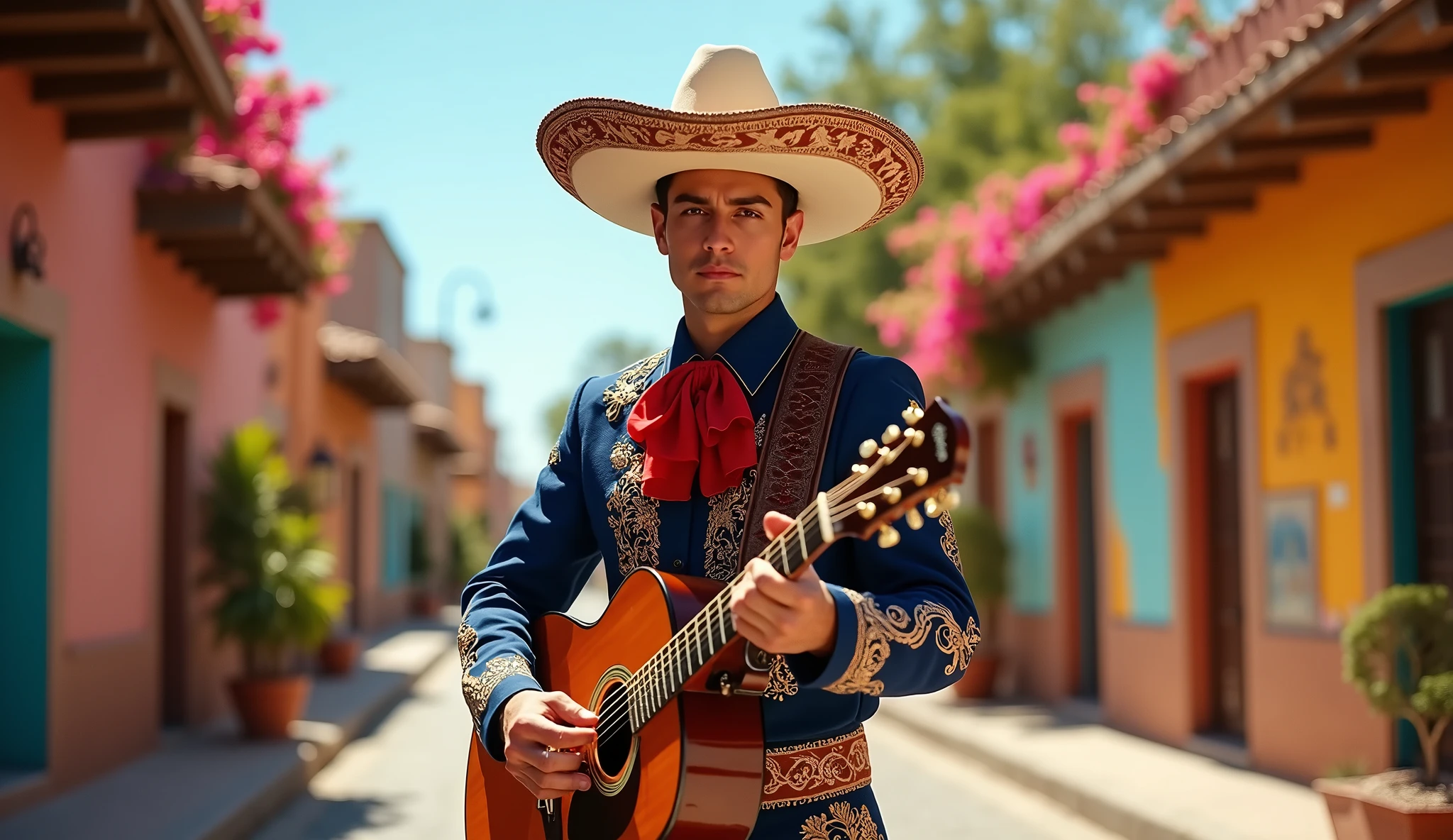 handsome young mexican charro walking on the tipical old mexican town, traditional attire, guitar on the rigth hand, serious expresion