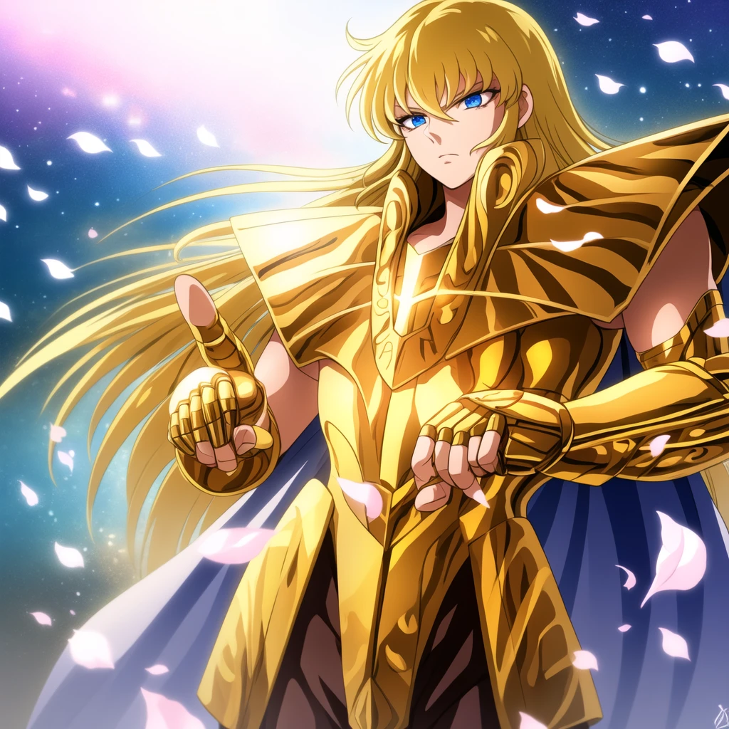 masterpiece, best quality, highres, 1 boy, solo, Virgo Shaka, /(Saint Seiya/), (open_eyes:1.5), perfect anatomy, detailed background, fingerless gloves, pauldrons, full golden virgin armor, cherry blossoms, outdoors, standing, field, (gold armor:1.5), shoulder armor, ultra detailed, clean skin, flawless complexion, perfect hands, perfect fingers, detailed hands, well-proportioned fingers, no extra fingers, focused face, detailed face, perfect face, perfect nose, perfect eyes, blue eyes, visible lips, clean face, perfect blonde hair, serious expression, centered, upper body shot from head to chest.