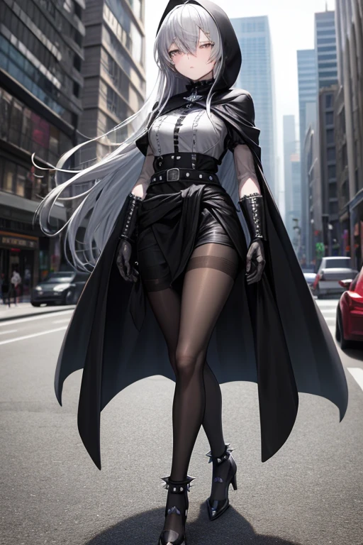 ((best quality)), ((masterpiece)), (detailed), 1 girl, Full body, 18 years old, Depressed face, Silver eyes, Arms outstretched, Arms behind waist, Metal mask covering her eyes, Eyes covered, Silver hair, Long hair, Spiky hair, Bangs, Strand of hair covering her eye, Full body, Tall, Small breasts, Slim body, Grey hood, Metal spikes, Grey wrist guards, Long black gloves with spikes, Grey gothic outfit, Gothic, Grey dress with metal spikes, Metal emblem, Tight fit, Black belt, Black stockings, Black boots, Walking through the city, Metal spikes coming out of the highway, City background, Grey clothes, Superhero, Anime, Plush rabbit in her arms