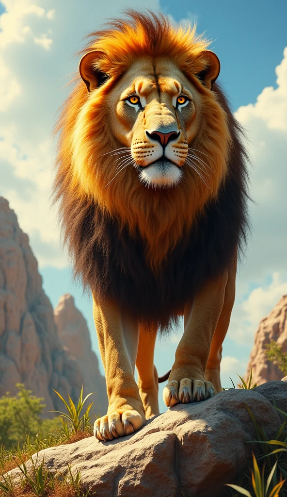 Majestic and realistic lion. King of the jungle. Outdoor background with rocks. Regal and imposing presence. By wildlife artist.