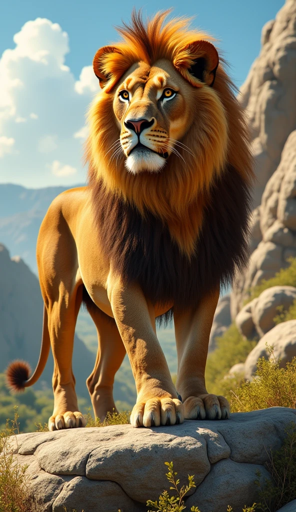 Majestic and realistic lion. King of the jungle. Outdoor background with rocks. Regal and imposing presence. By wildlife artist.