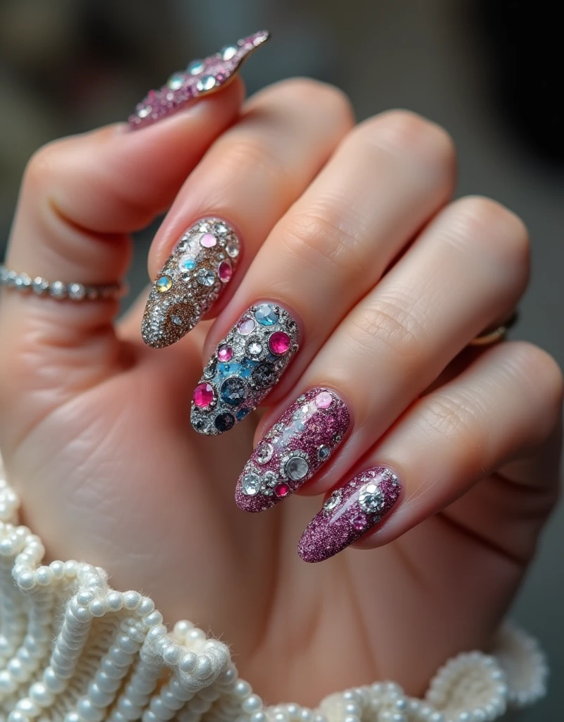 Close-up of the hand,Intricate nail art,Glittering gel nails,Bright lighting,Gloss,Fashionability