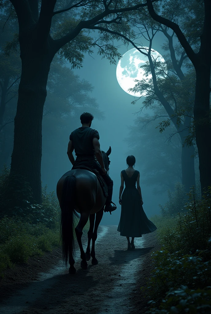 A man with short black hair, brown skin, tall and extremely handsome, wear old and black clothes, He is riding a horse, and the scene is a dirt road surrounded by a dense forest in the middle of the night. Riding in front of him is a woman with short black hair who looks back and stares at him intently.. There are no other people on this road..