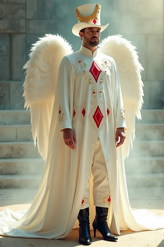 A man who wears a white angelic robe that has a long, flowing design. The robe features a high collar and long sleeves, which are fitted at the wrists. The robe has red diamond-shaped designs along the chest and the bottom hem, with the lower part of the robe flaring out and ending in a series of red triangular patterns that resemble rhombus.A tall white top hat with a wide red brim, and there's a yellow star on the hat's side.Black heeled boots under the robe