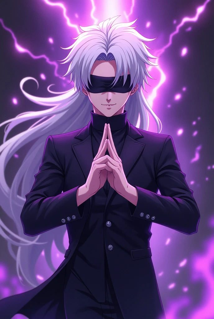 Satoru Gojo, White hair,blindfolded,large sale up to the eyebrow, middle finger crossing with the index finger,Purple Spell,anime image.
