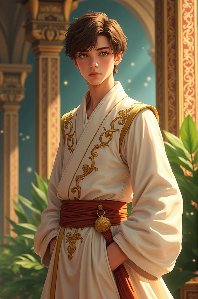 A very handsome and strong young man, he has short brown hair, fair skin and striking eyes, he is tall and is wearing a light royal outfit.