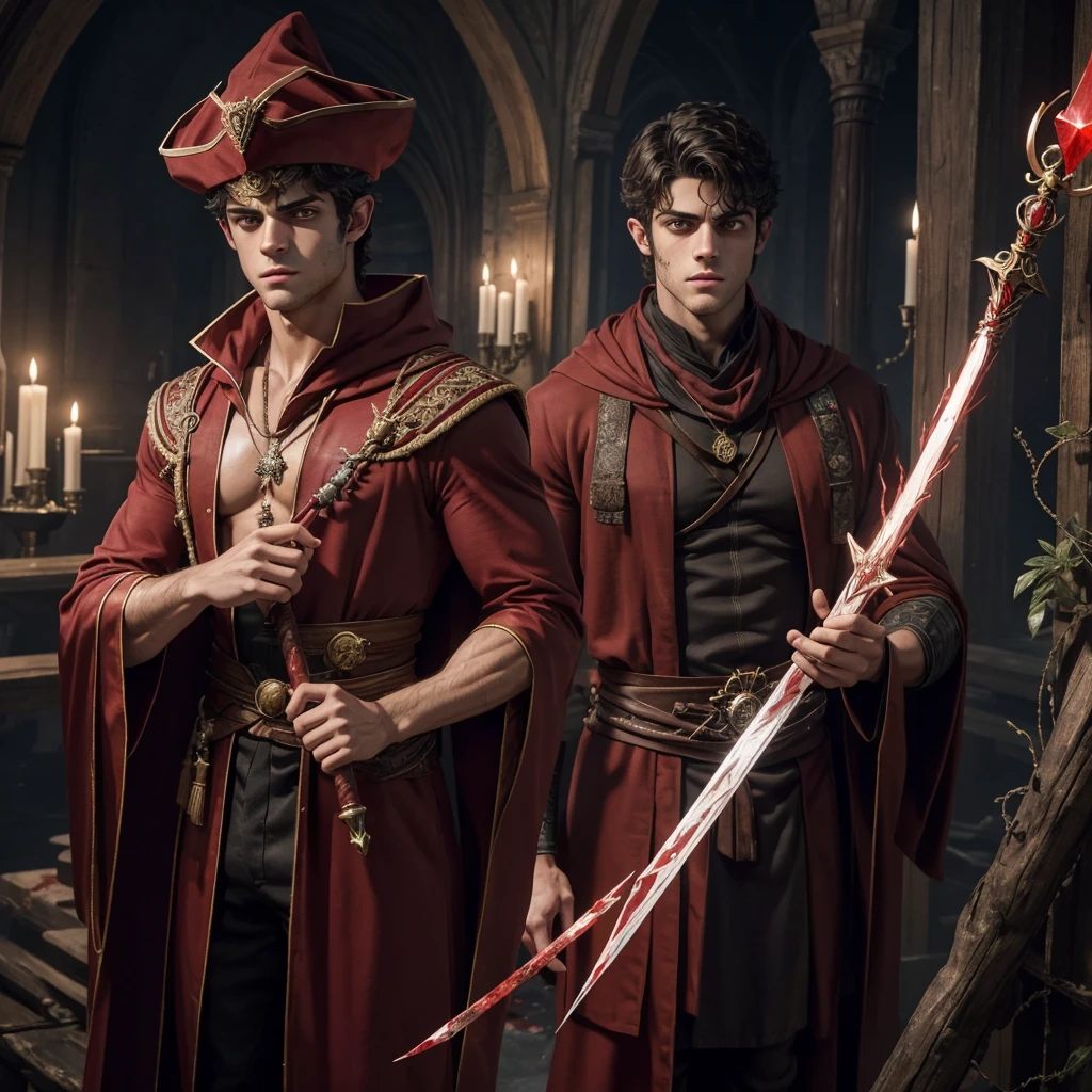 A muscular handsome young wizard, Matthew Daddario, extremely detailed face, looking at the viewers majestically, blood red wizard robe, a wood wand with a blood crystal, wand in hand, sexy look, wizard hat, smooth skin, standing on a blood lake, blood magic, solo,