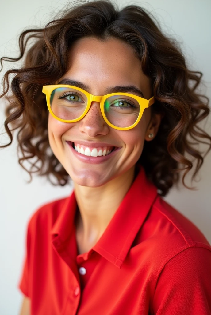 photorealistic, half-length portrait, a fashion smiling caucasic woman, green eyes, curly hair, freckles. wearing yellow round glasses, red polo shirt, white background, high resolution, intricate details, 8k