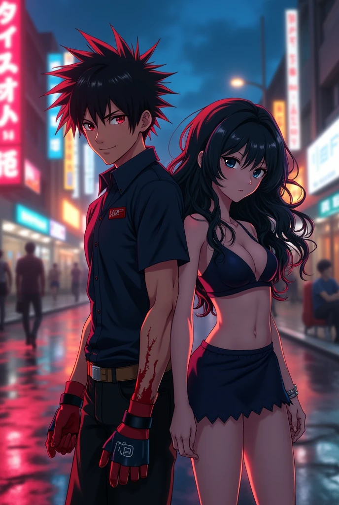 A red-eyed fighter, with hands stained with blood , with a smile, アニメ. With a girl with curly black hair, with black eyes and a short, low-cut dress by his side