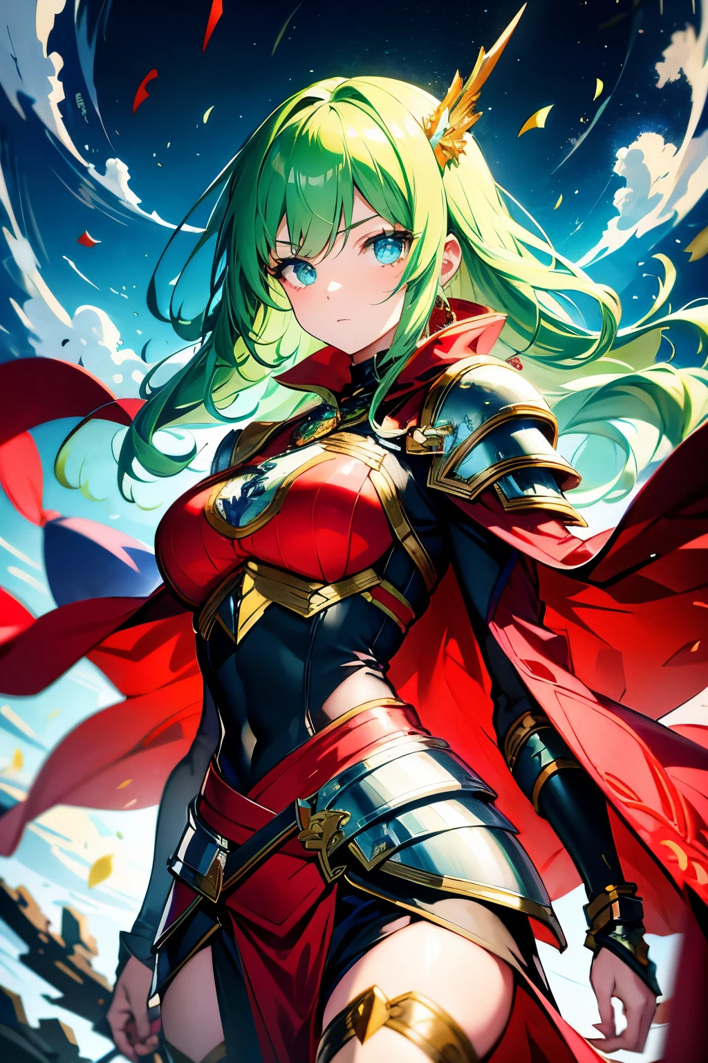 Anime style, In the realm of anime, a 27-year-old woman with a distinctive appearance stands out. Her hair, a vibrant green, is adorned with small bars, adding a unique touch to her style. She is clad in heavy armor, a silvery suit that gleams under the light, with intricate red detailing, creating a visually striking contrast. The armor includes greaves and plates, each piece meticulously crafted and polished to perfection. Over her shoulder, a flowing red cloak, catching the wind and fluttering, while her eyes, as red as her cloak, glow with an unknown intensity. With this dazzling sight,